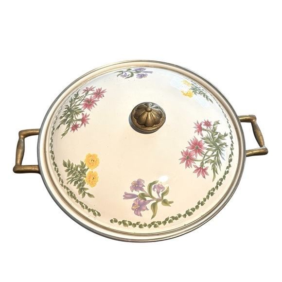 Vintage Lincoware Floral Enameled Pot Casserole Server Dutch Oven Brass Handles - Picture 2 of 8